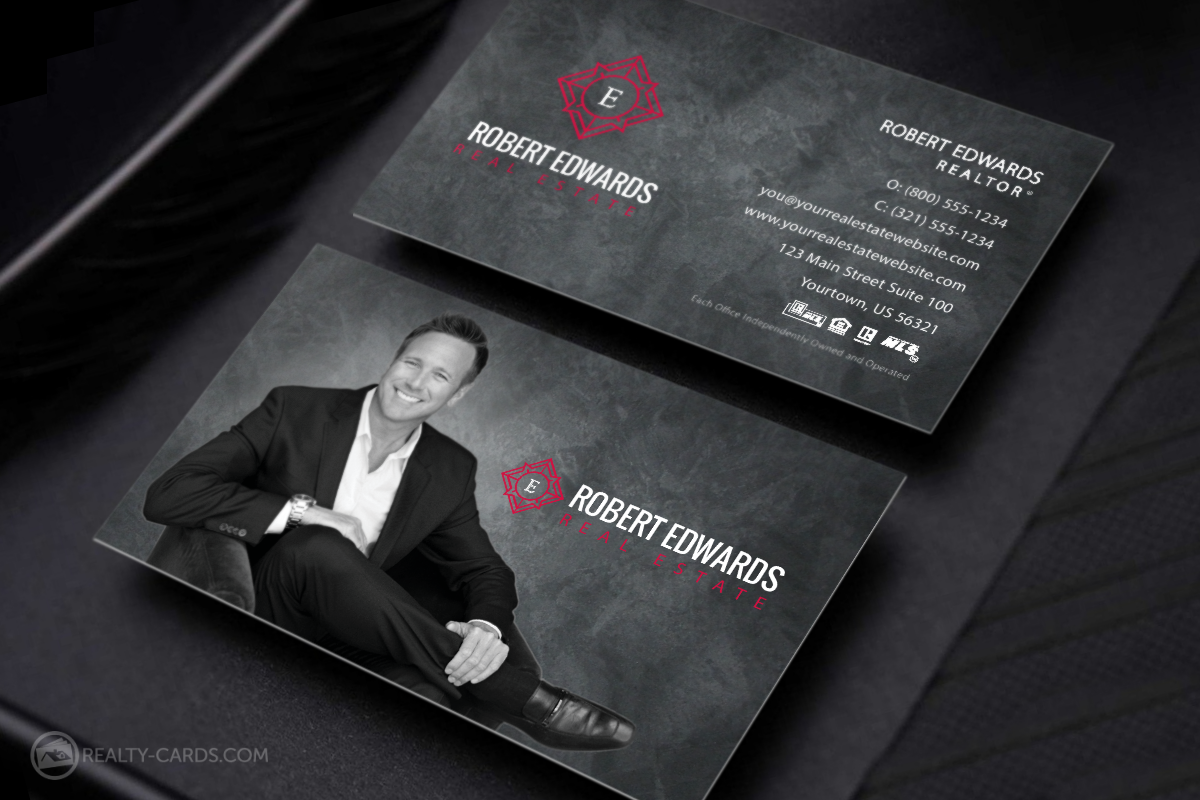 Grayscale business card design featuring contrasting color logo